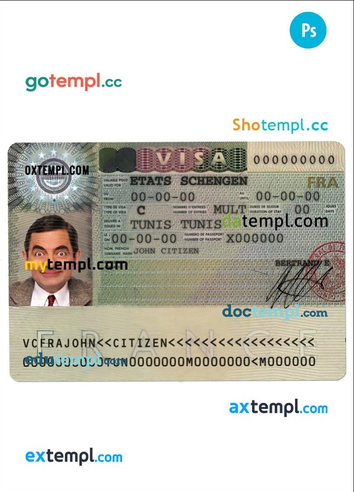 French Schengen Visa example in PSD format, fully editable