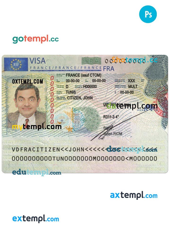 French Schengen Visa example in PSD format, 2018 - present