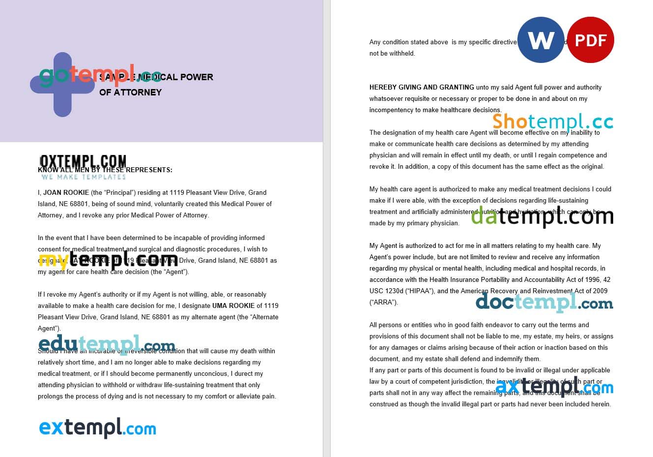 Free Sample Medical Power of Attorney example, fully editable