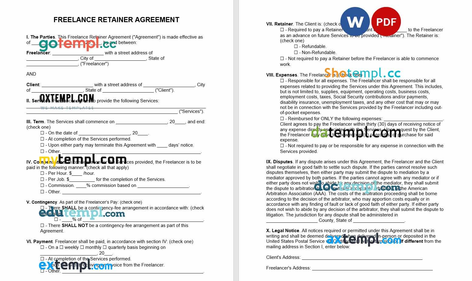 free download freelance retainer agreement example, Word and PDF format