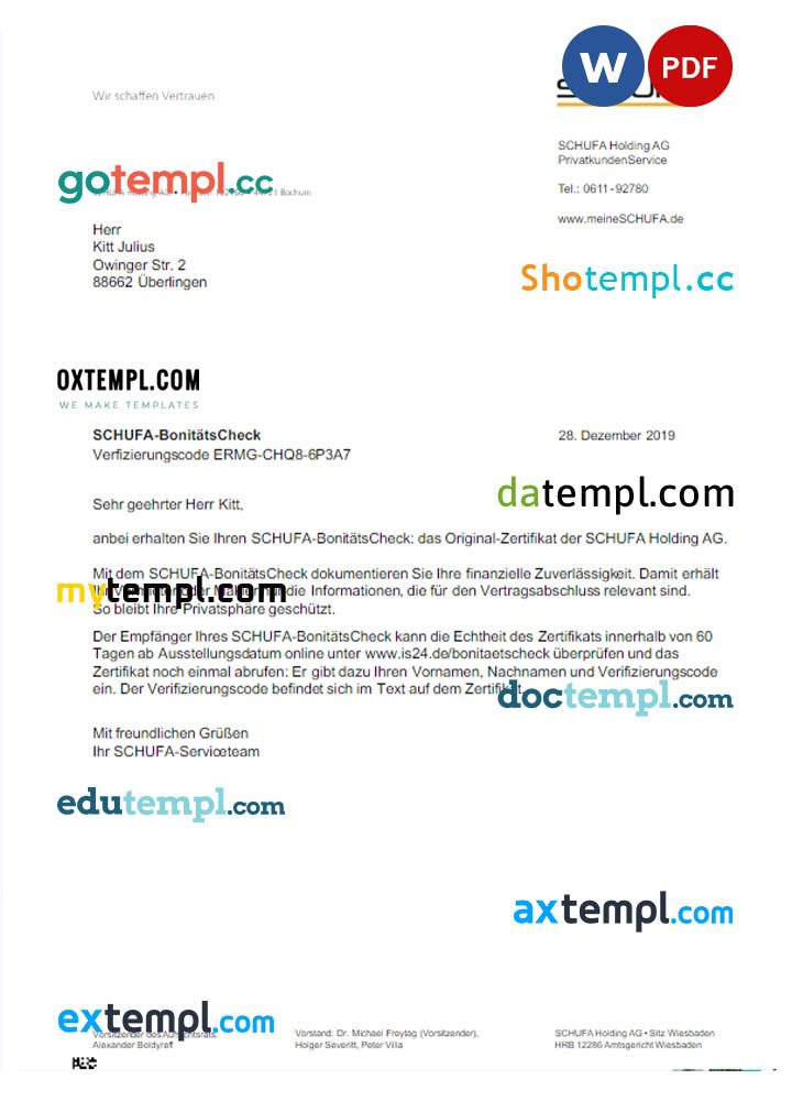 Germany Schufa utility bill download Word and PDF example