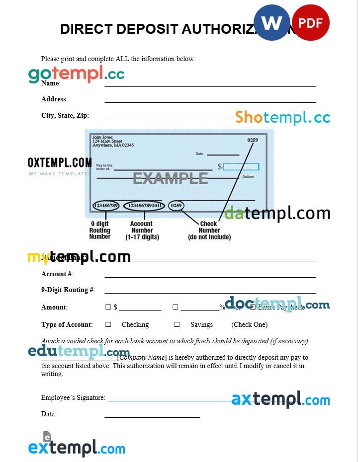 free download generic direct deposit authorization example, Word and PDF format
