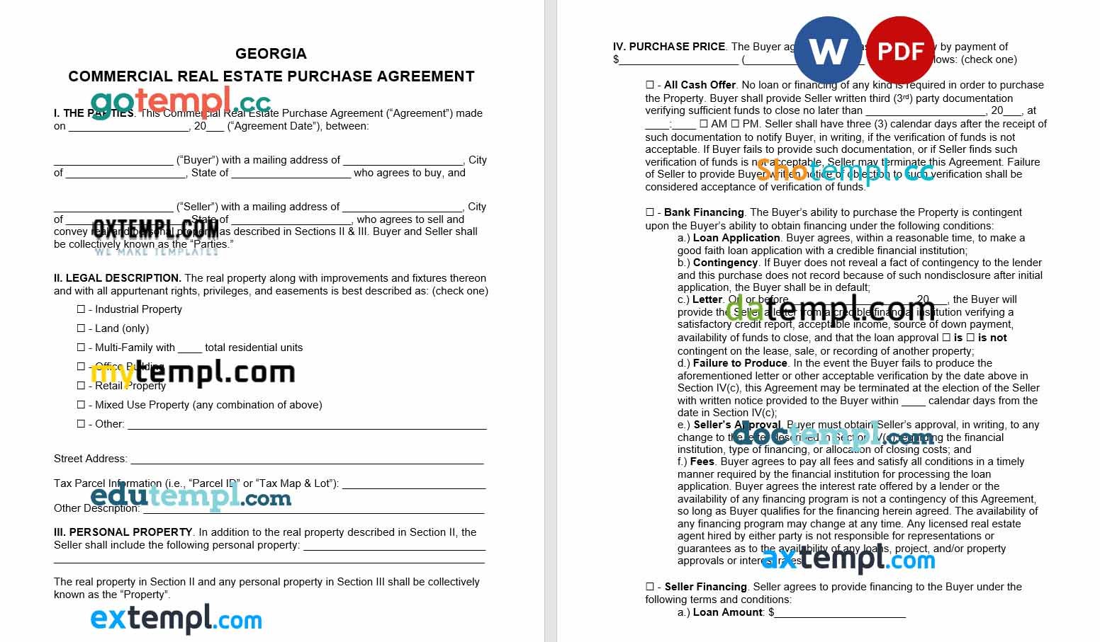 free download georgia commercial real estate purchase agreement example, Word and PDF format