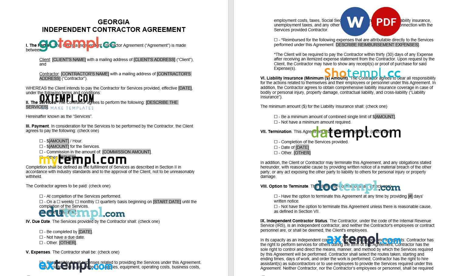 free download georgia independent contractor agreement example, Word and PDF format