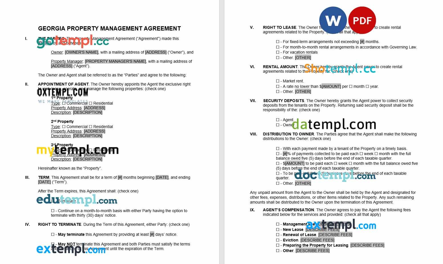 free download georgia property management agreement example, Word and PDF format