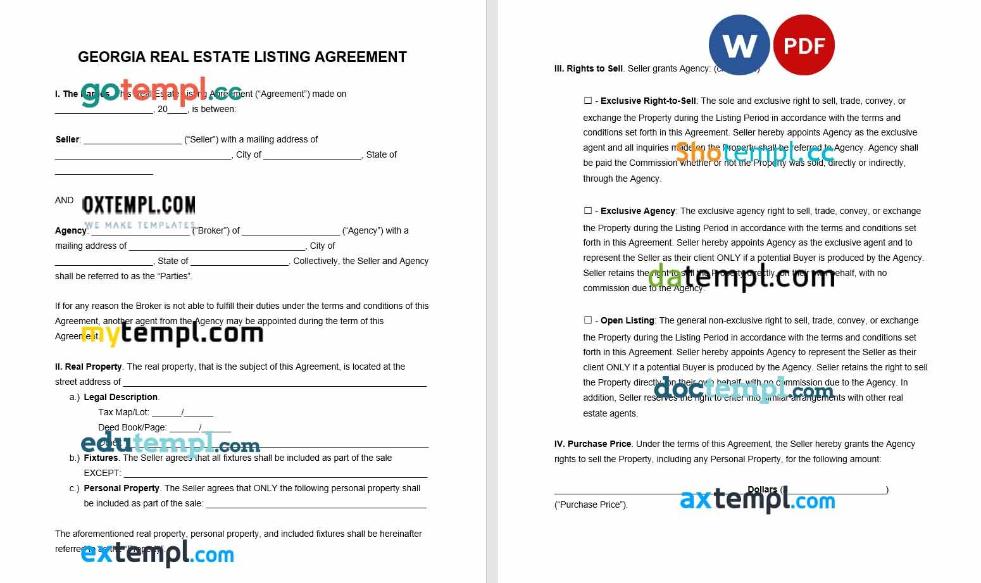 free download georgia real estate listing agreement example, Word and PDF format