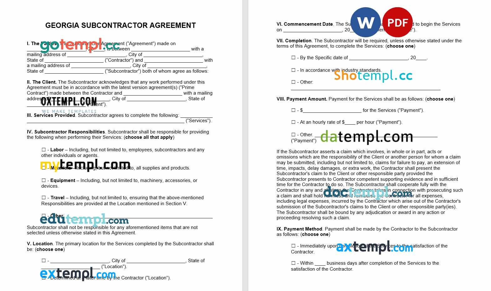 free download georgia subcontractor agreement example, Word and PDF format
