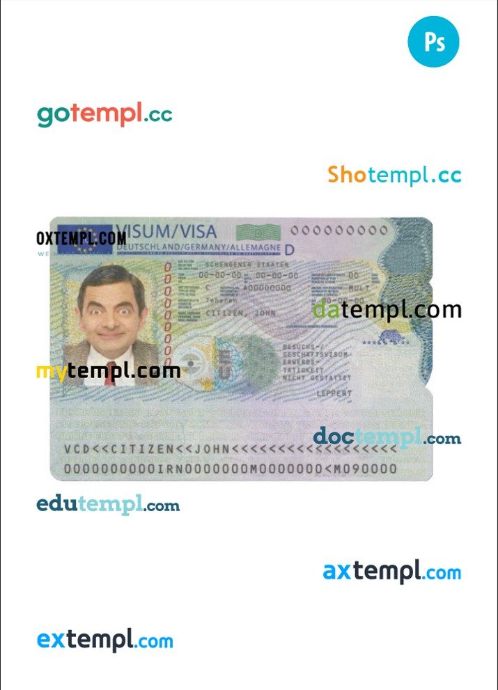 German Schengen visa example in PSD format, 2 PSD files fully editable, 2018 - present