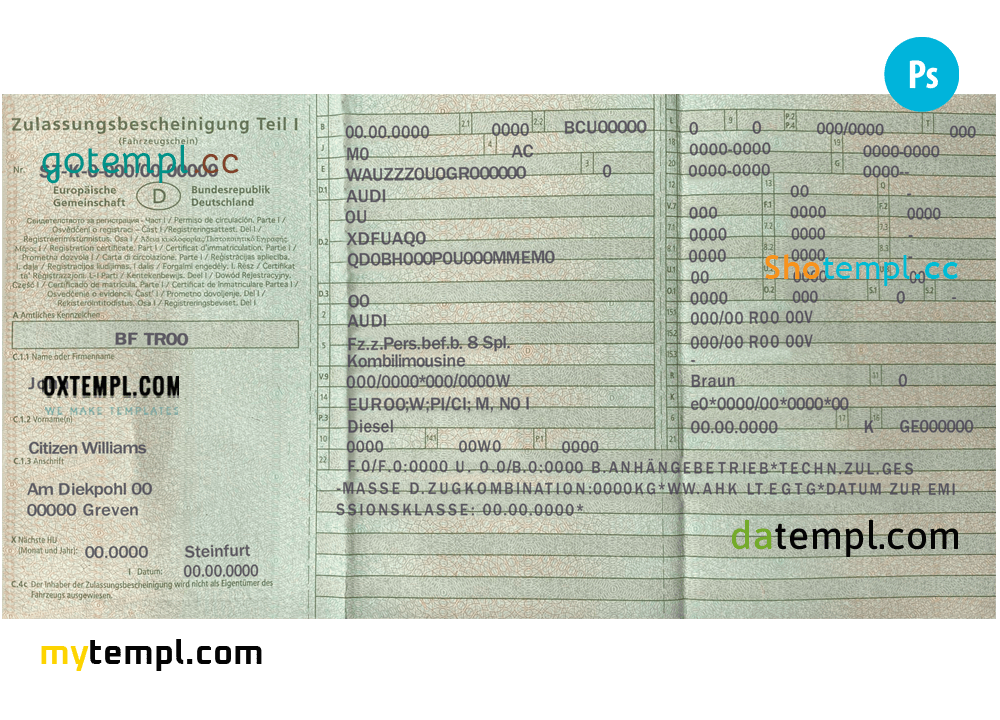 German vehicle registration certificate PSD example, completely editable