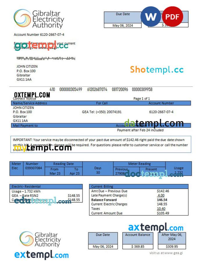 Gibraltar Electricity Authority utility bill Word and PDF template