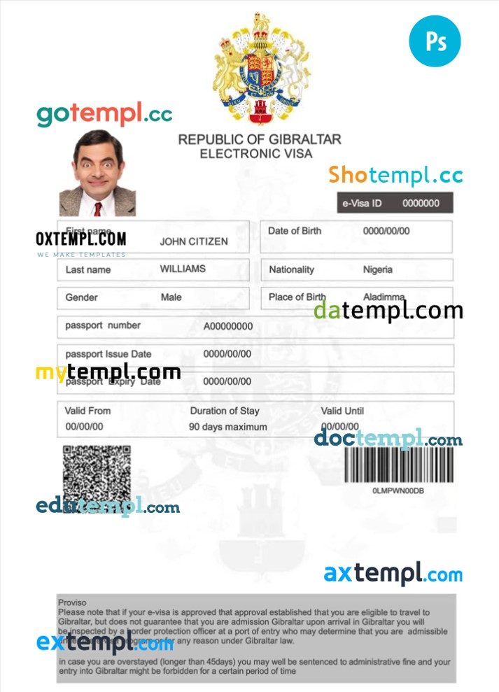 Gibraltar electronic visa PSD example, completely editable