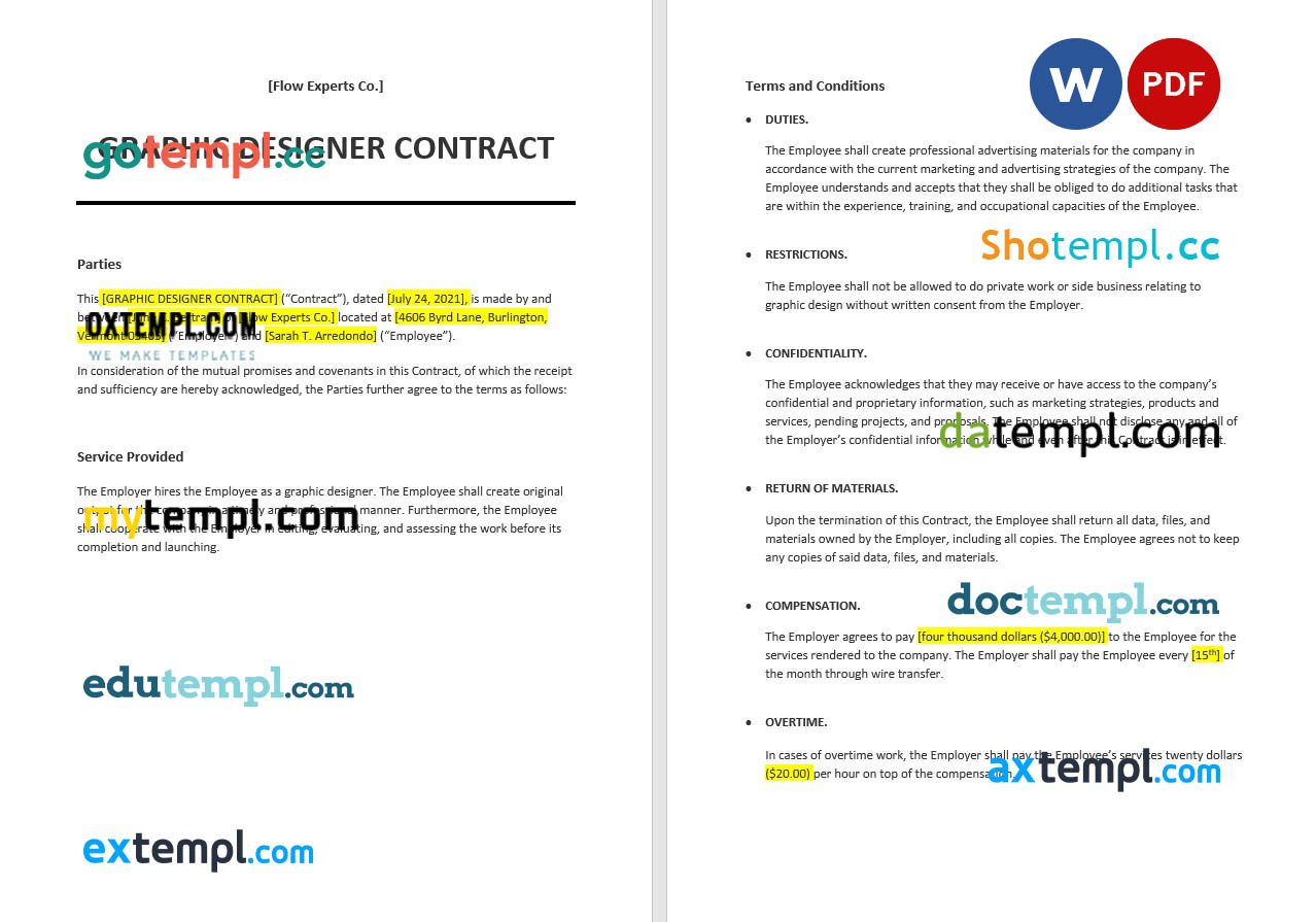 free download graphic designer contract example, Word and PDF format