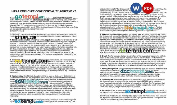 free download HIPAA employee confidentiality non-disclosure agreement NDA example, Word and PDF format