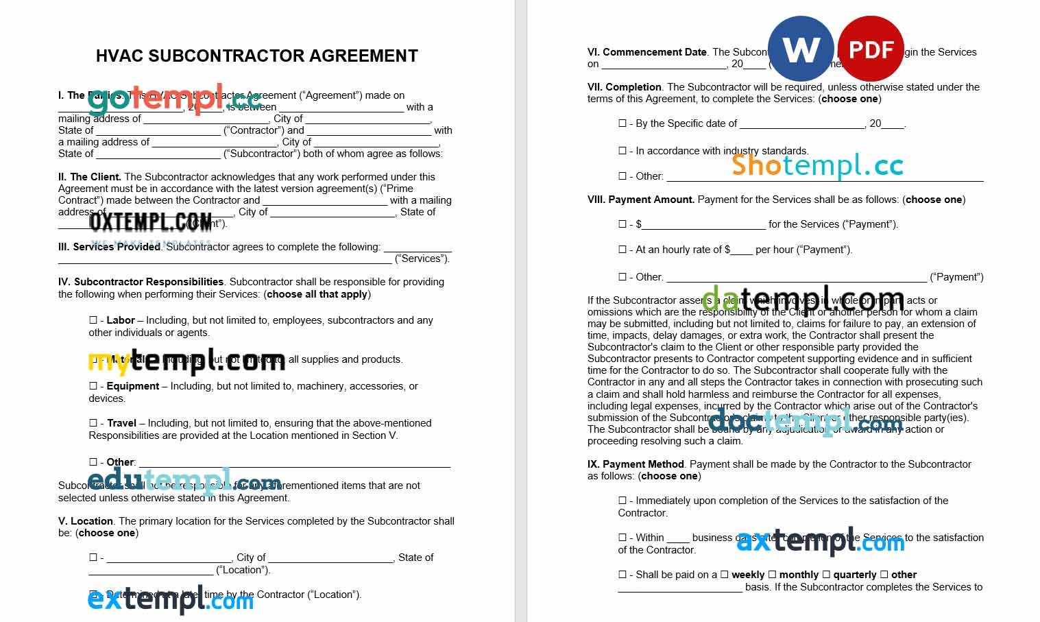 free download HVAC subcontractor agreement example, Word and PDF format