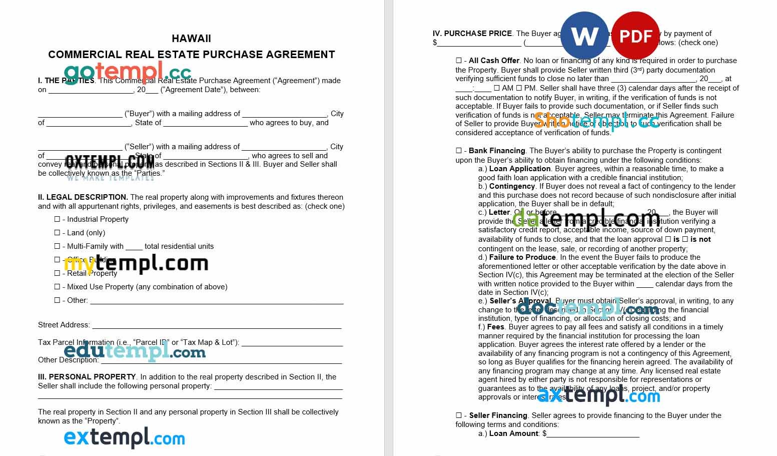 free download hawaii commercial real estate purchase agreement example, Word and PDF format