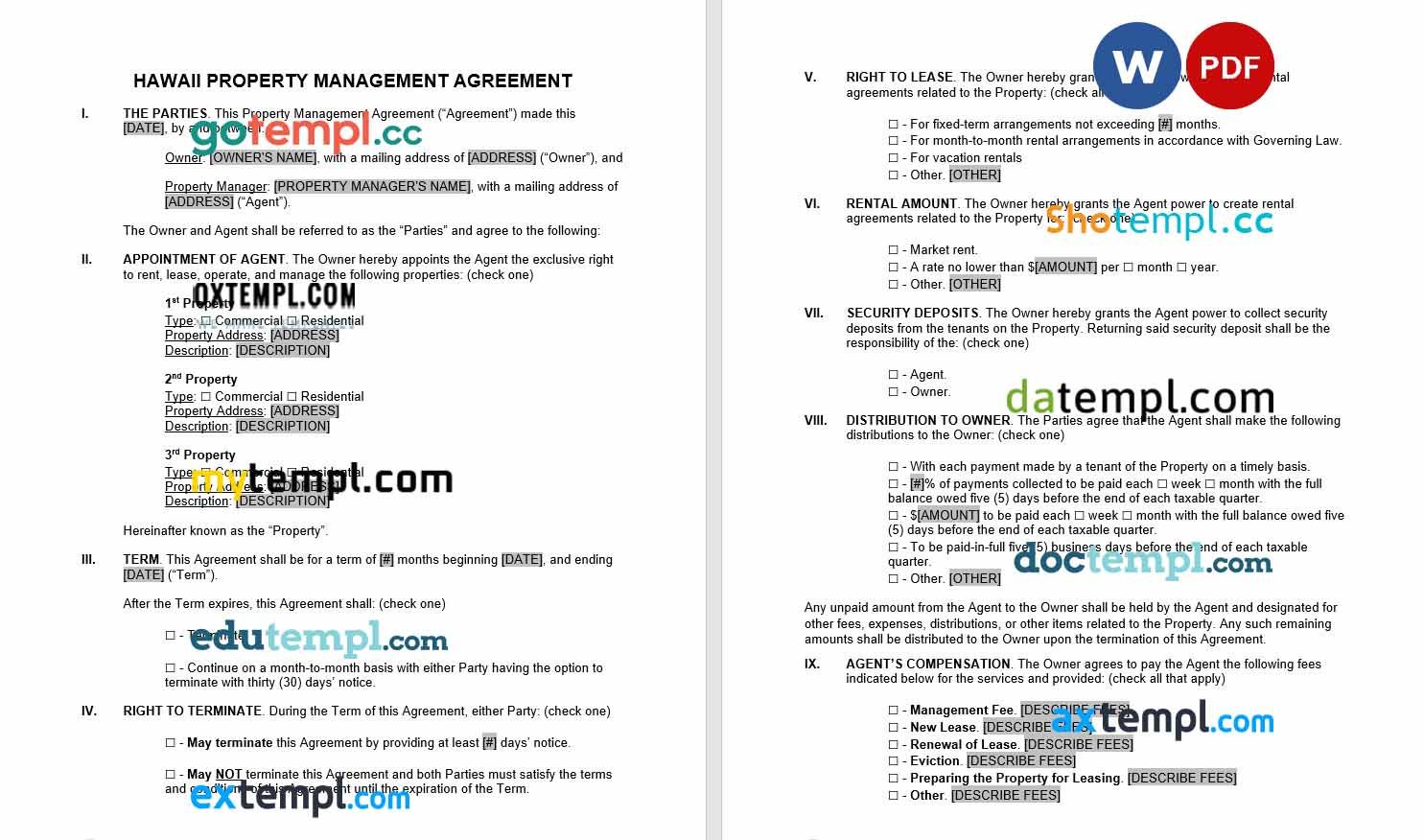 free download hawaii property management agreement example, Word and PDF format