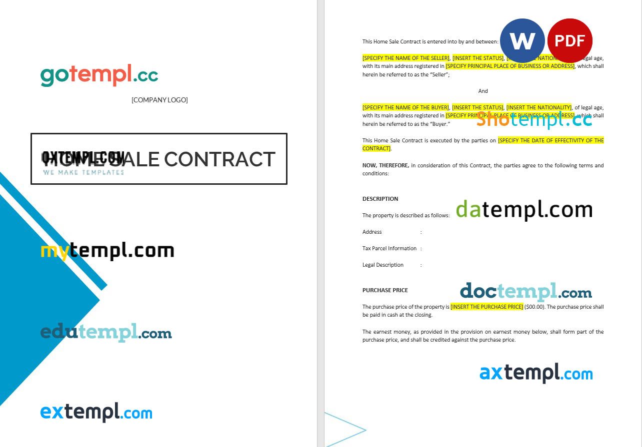 free download home sale contract example, Word and PDF format
