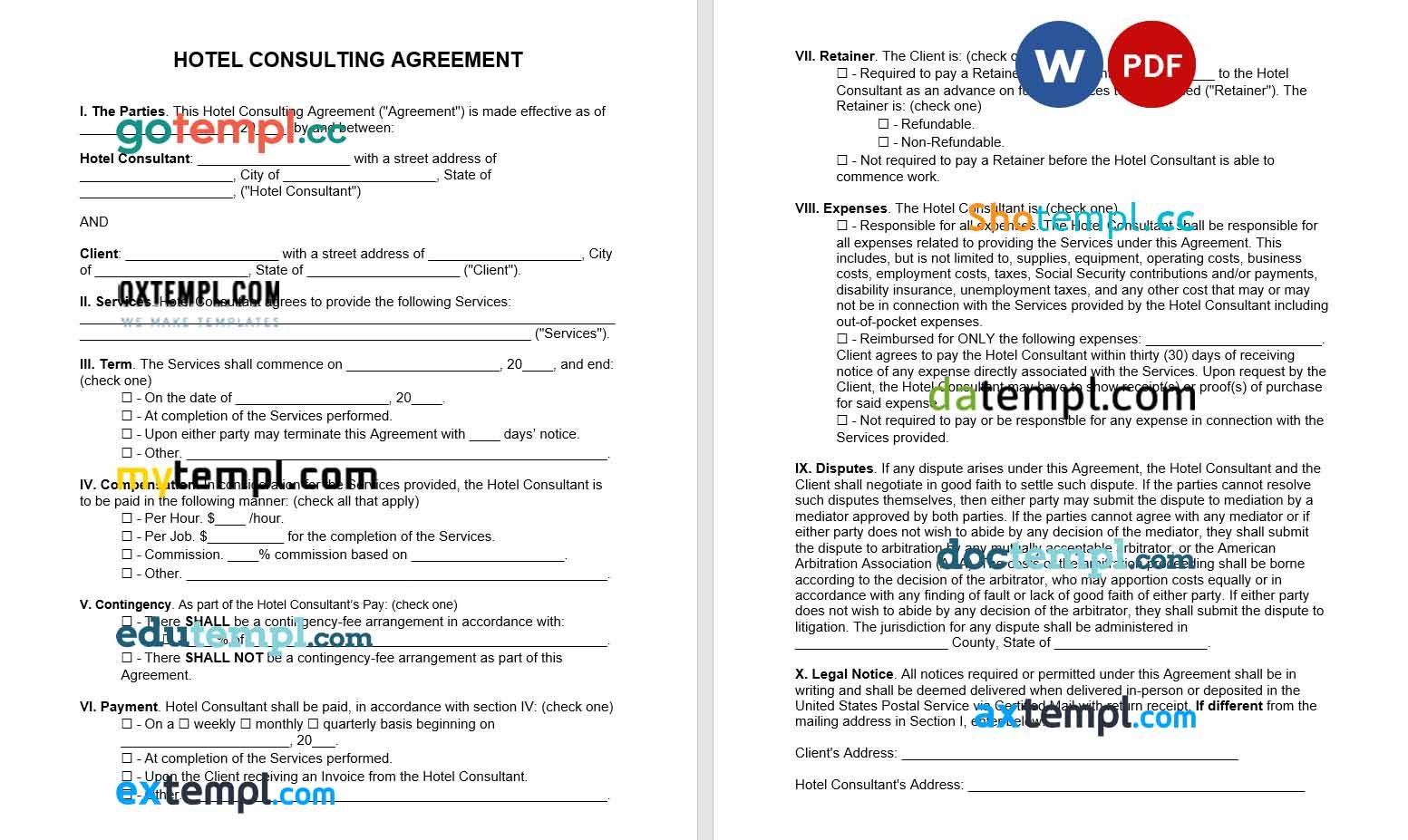 free download hotel consultant agreement example, Word and PDF format