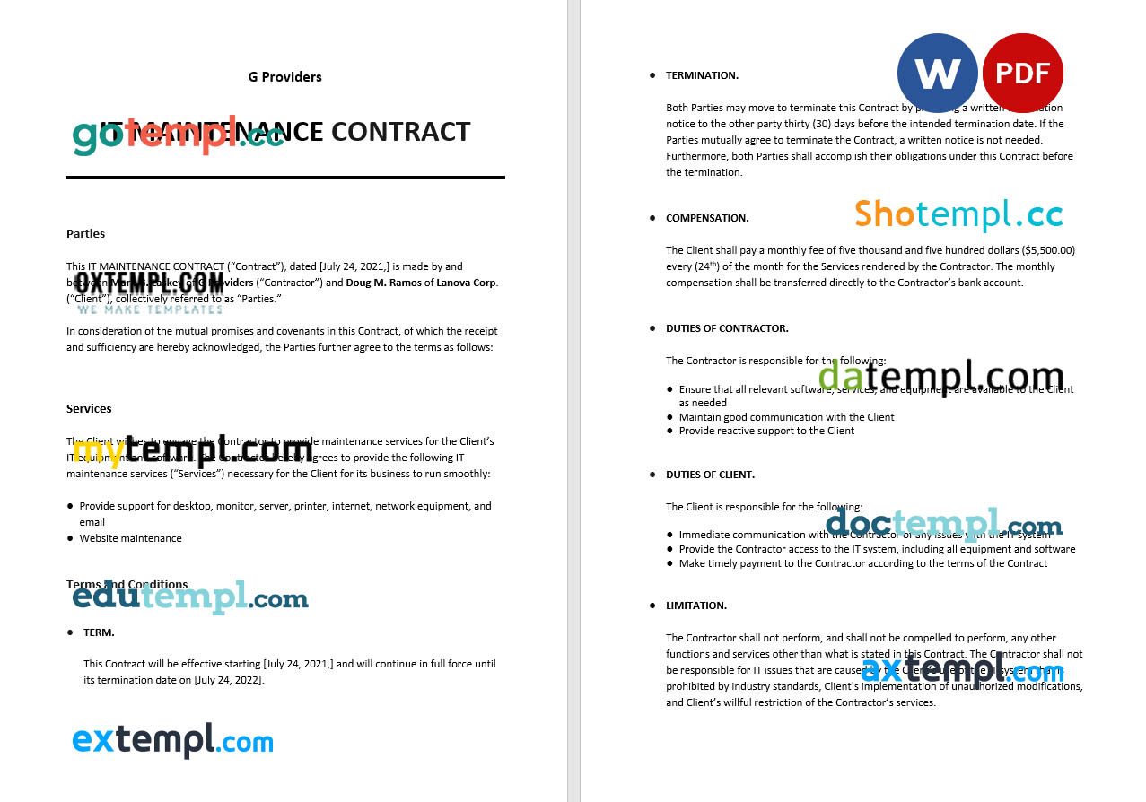 free download IT maintenance contract example, Word and PDF format