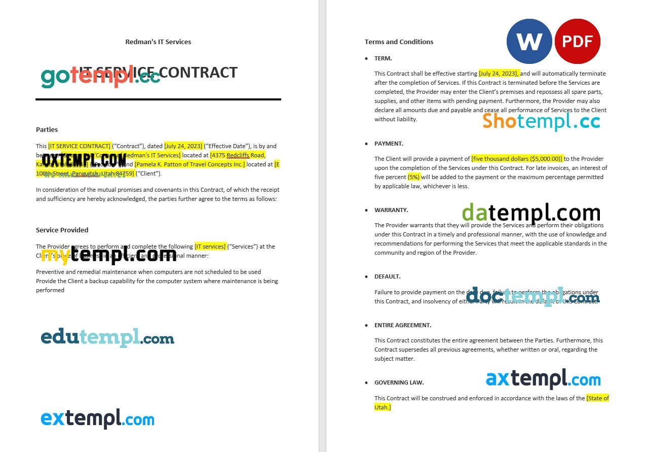 free download IT service contract example, Word and PDF format