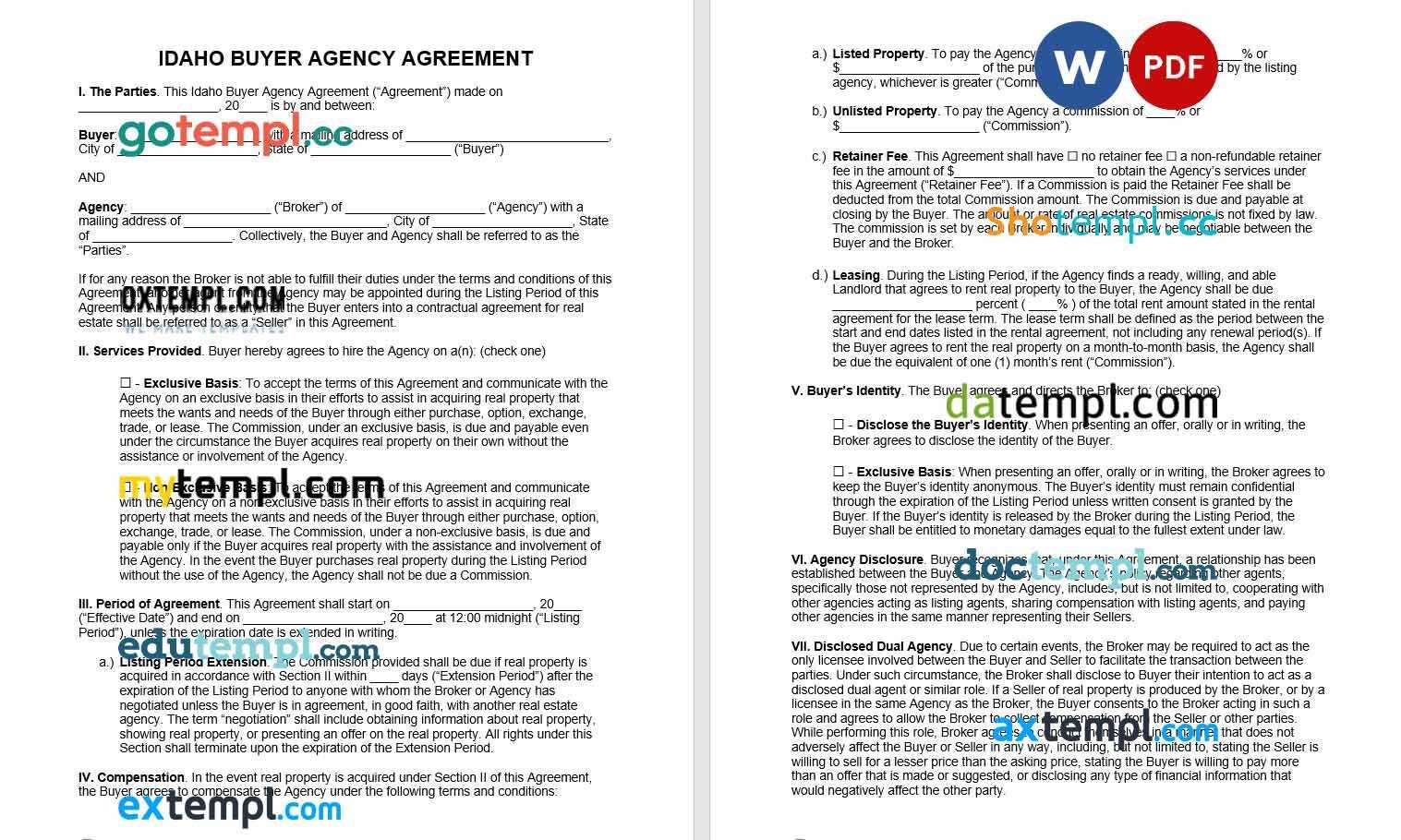 free download idaho buyer agency agreement example, Word and PDF format