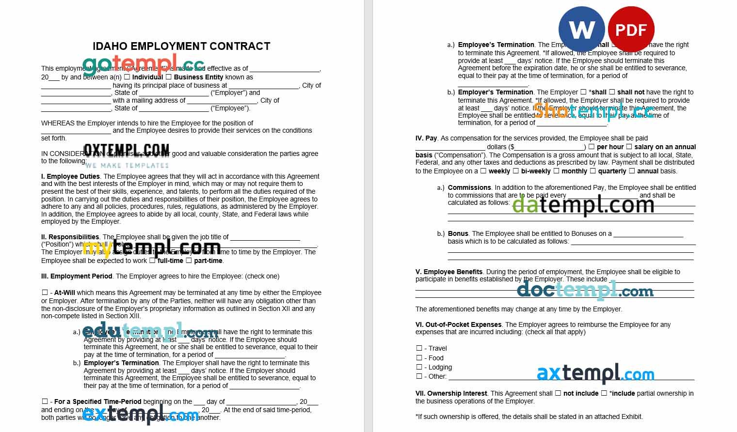 free download idaho employment contract example, Word and PDF format