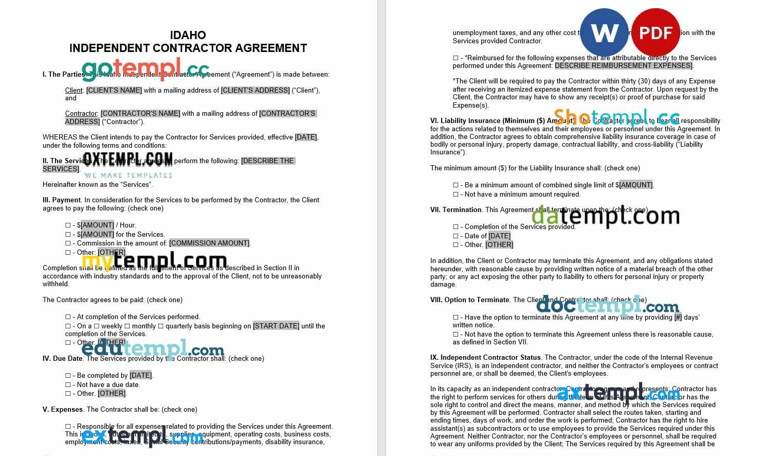 free download idaho independent contractor agreement example, Word and PDF format