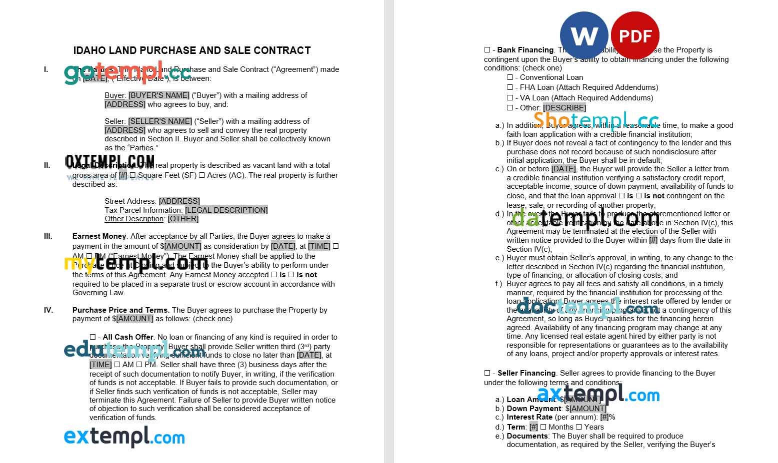 free download idaho land contract example, Word and PDF format