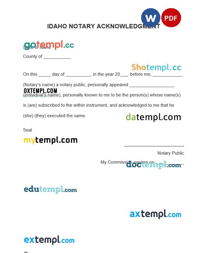 free download Idaho notary acknowledgment form example, Word and PDF format
