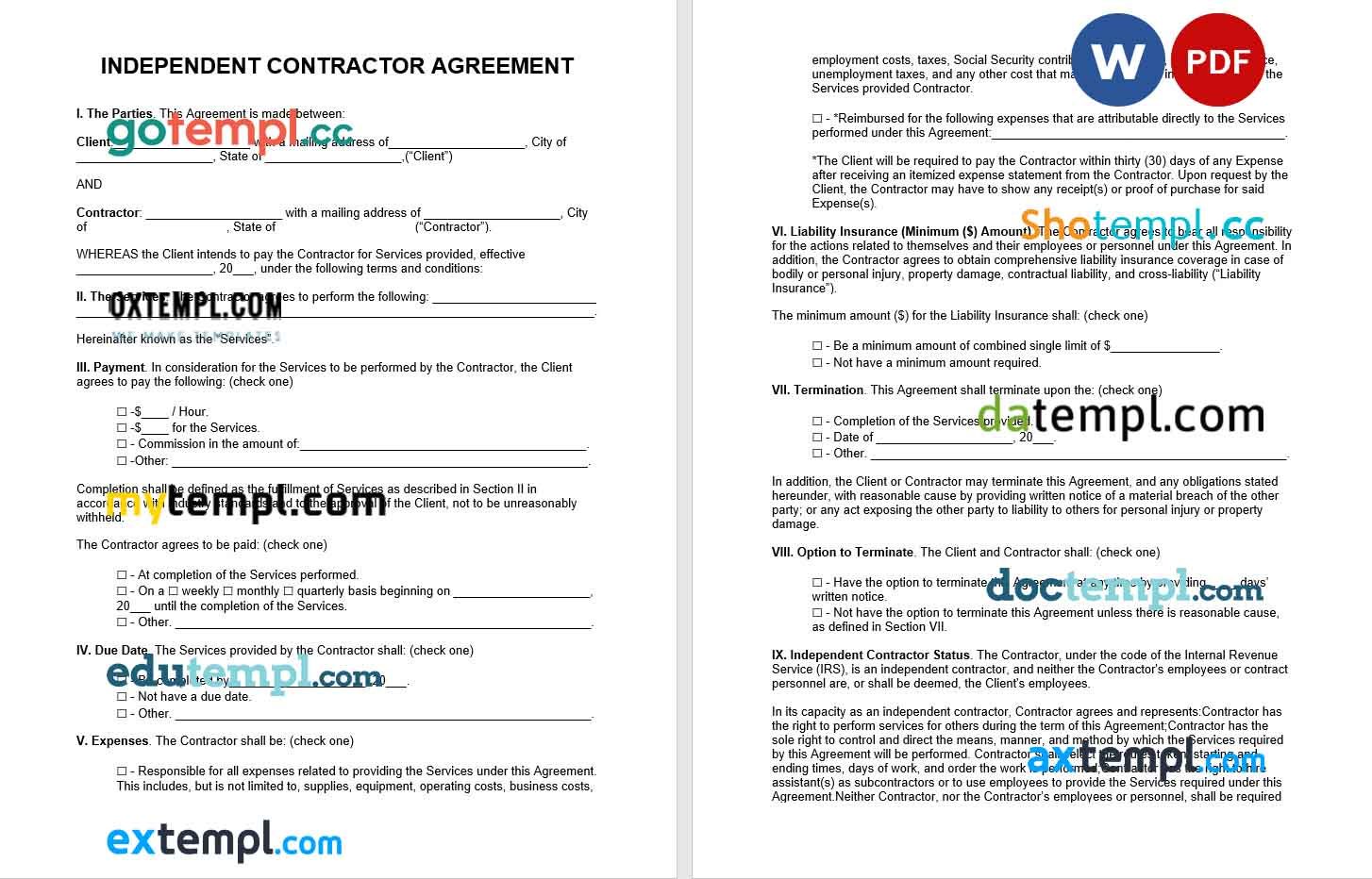 free download independent contractor agreement example, Word and PDF format