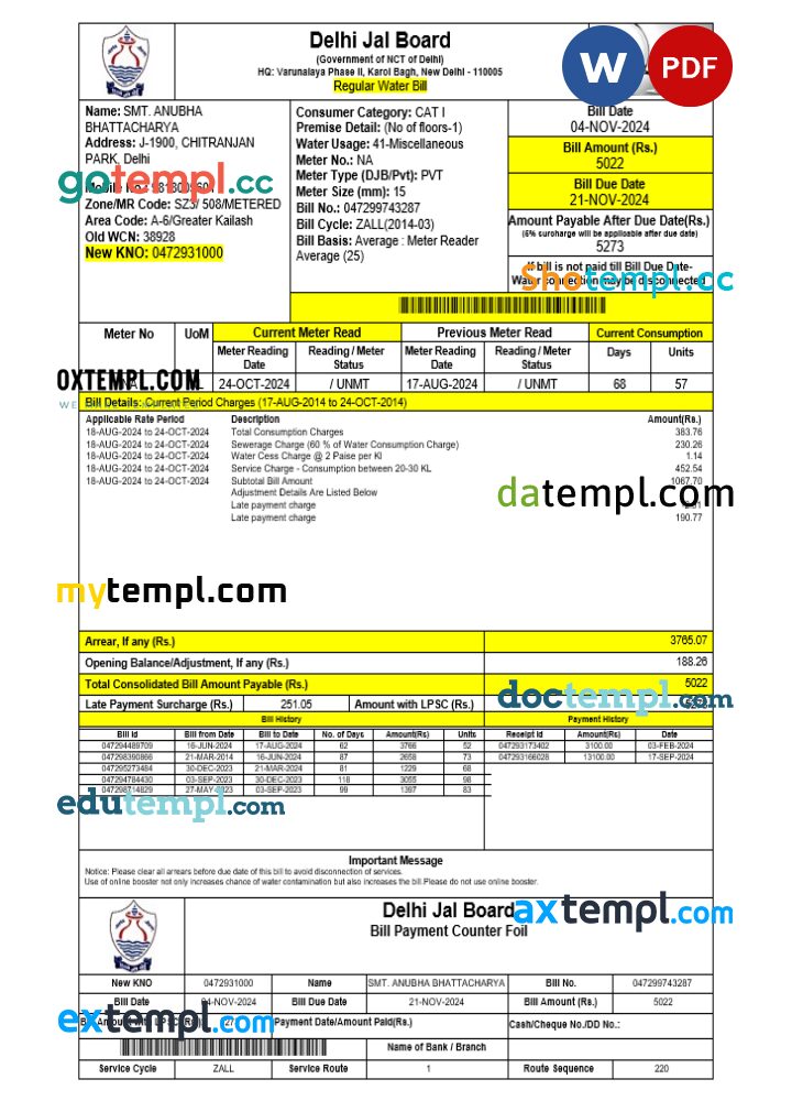India Delhi Jal Board utility bill download Word and PDF example