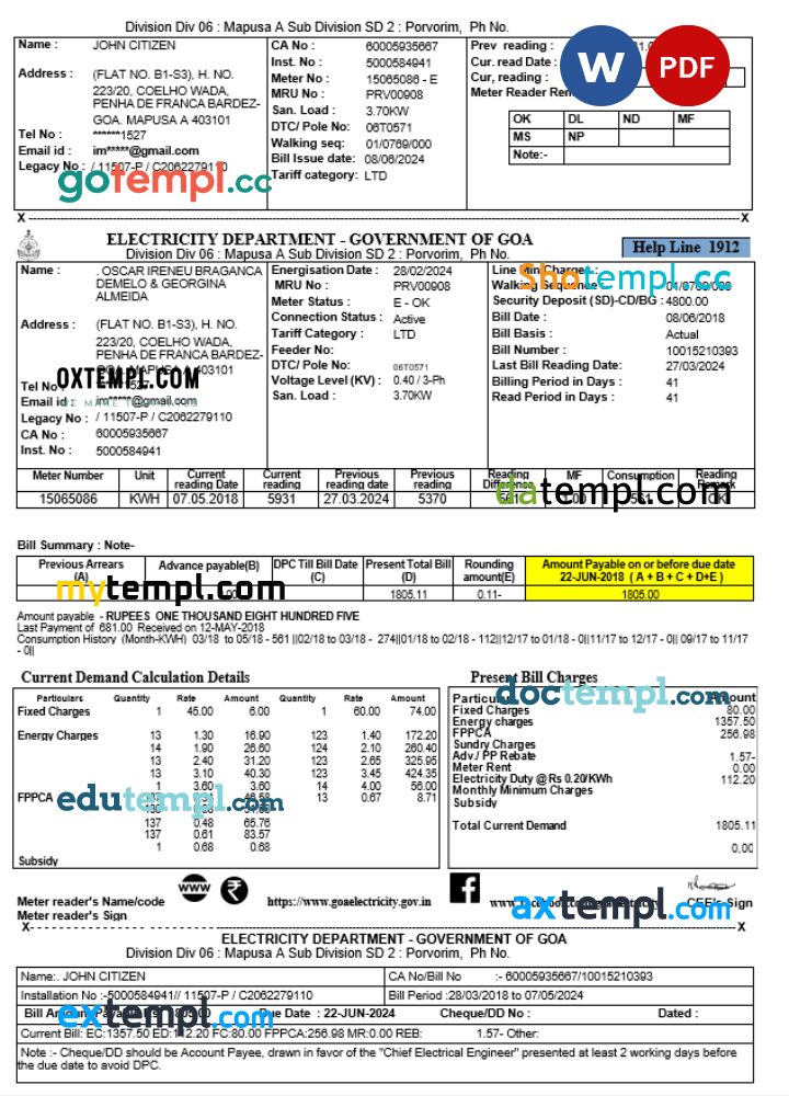 India Electricity Department Government of Goa utility bill download Word and PDF example