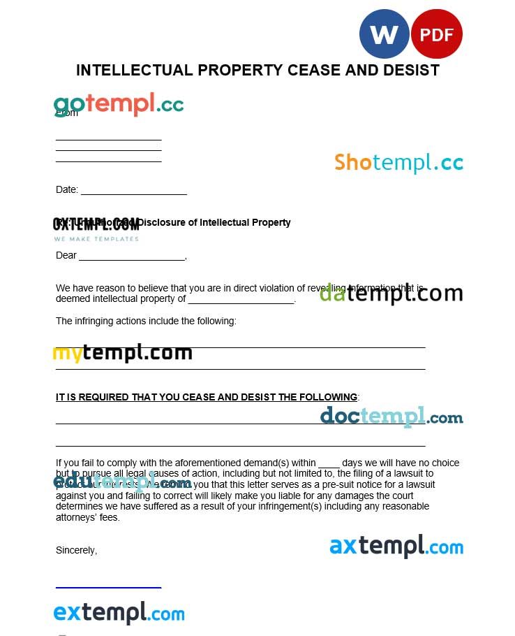free download intellectual property cease and desist letter example, Word and PDF format