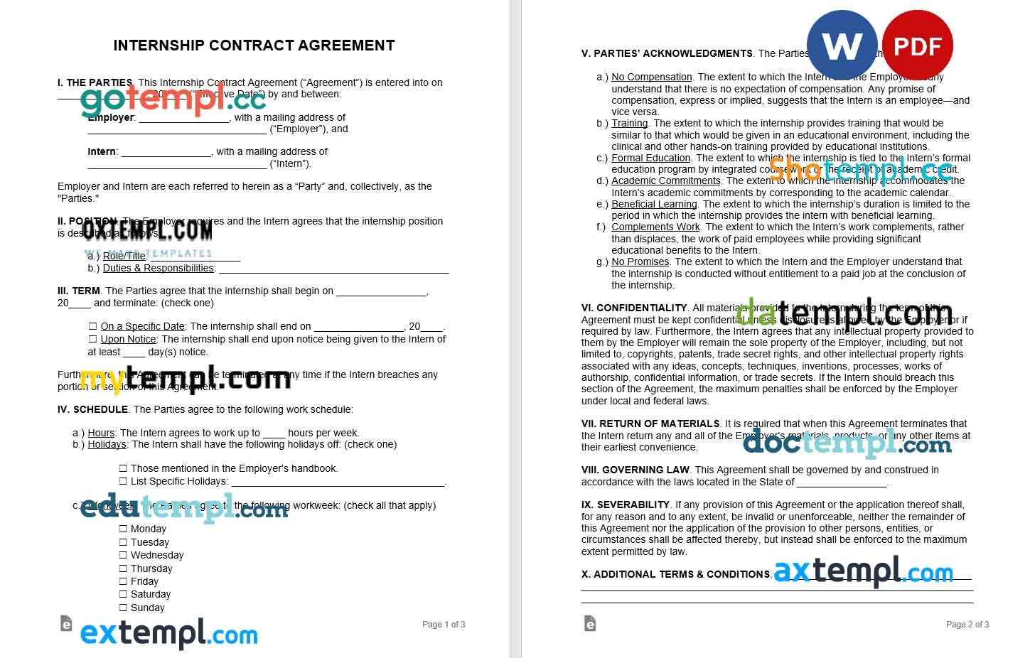 free download internship contract example, Word and PDF format, version 2