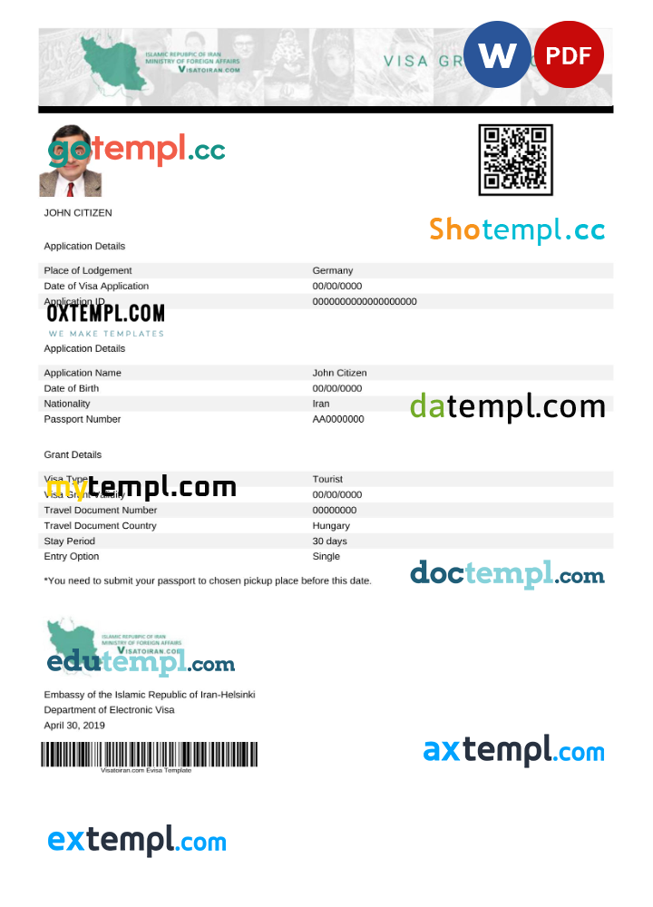 Persian e-visa Word and PDF example, fully editable