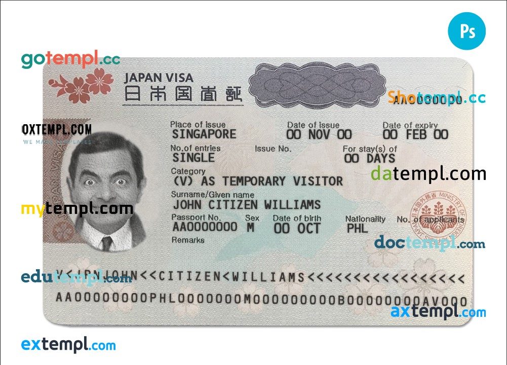 Japanese tourist visa example in PSD format, fully editable
