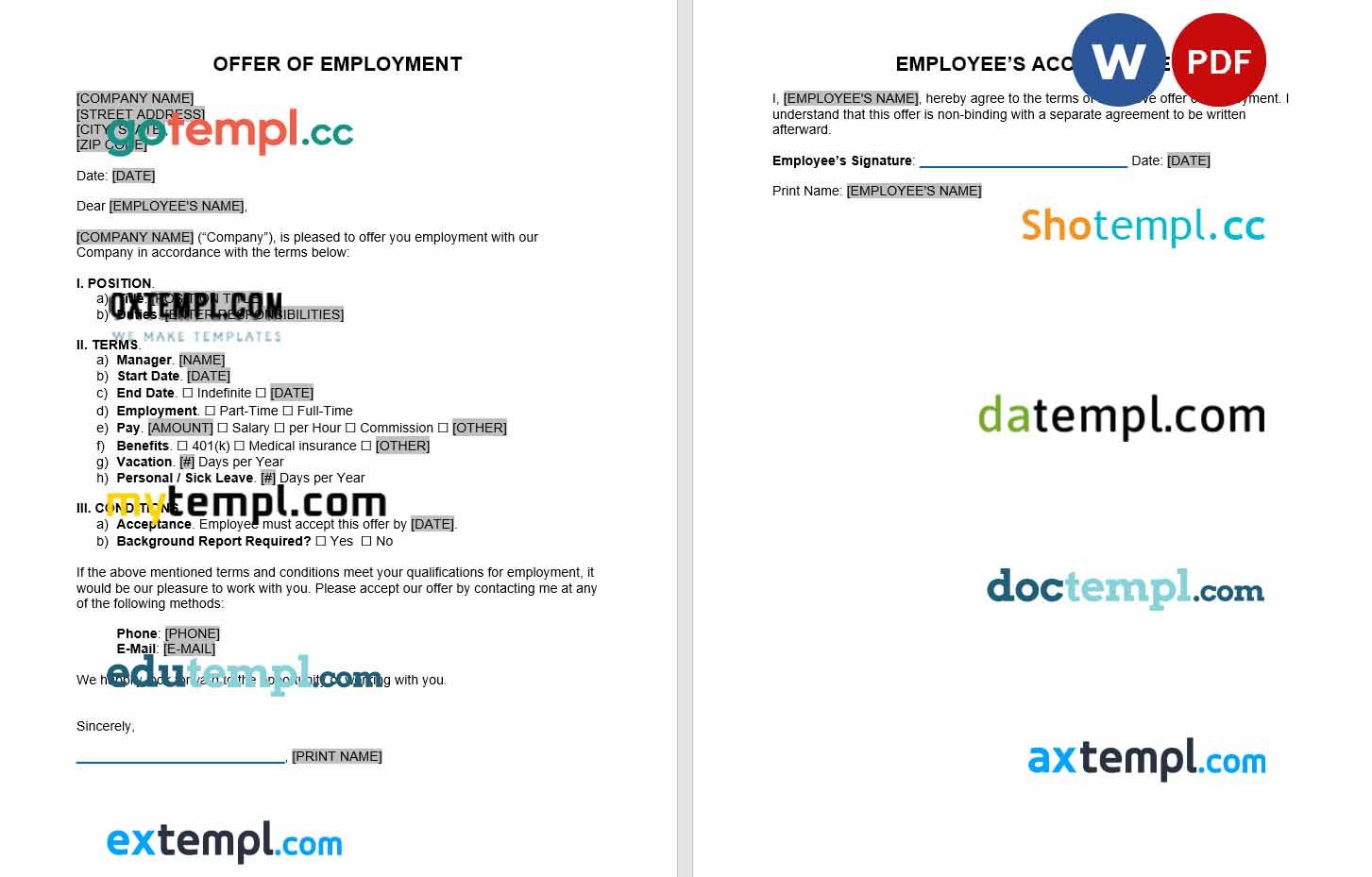 free download job offer example, Word and PDF format