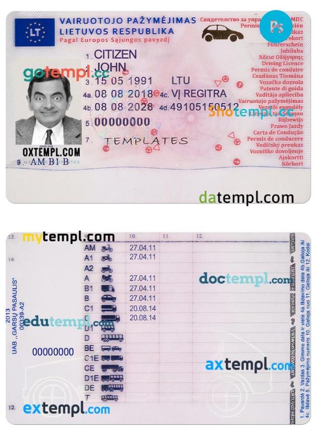 Lithuanian driver license download example in PSD format, 2013 - present