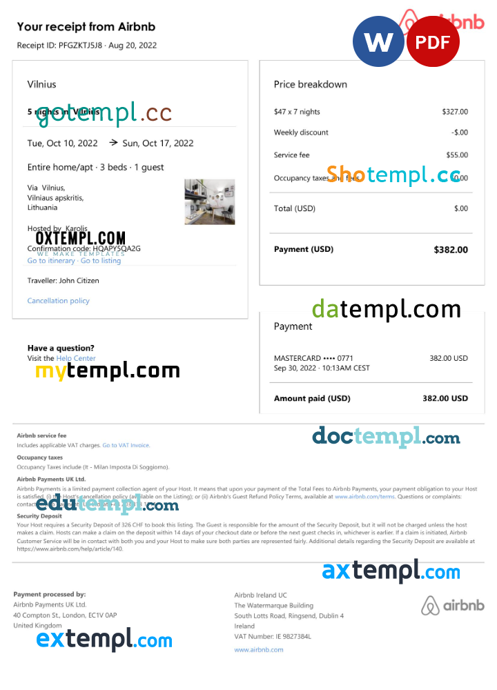 Lithuanian Airbnb booking confirmation Word and PDF example