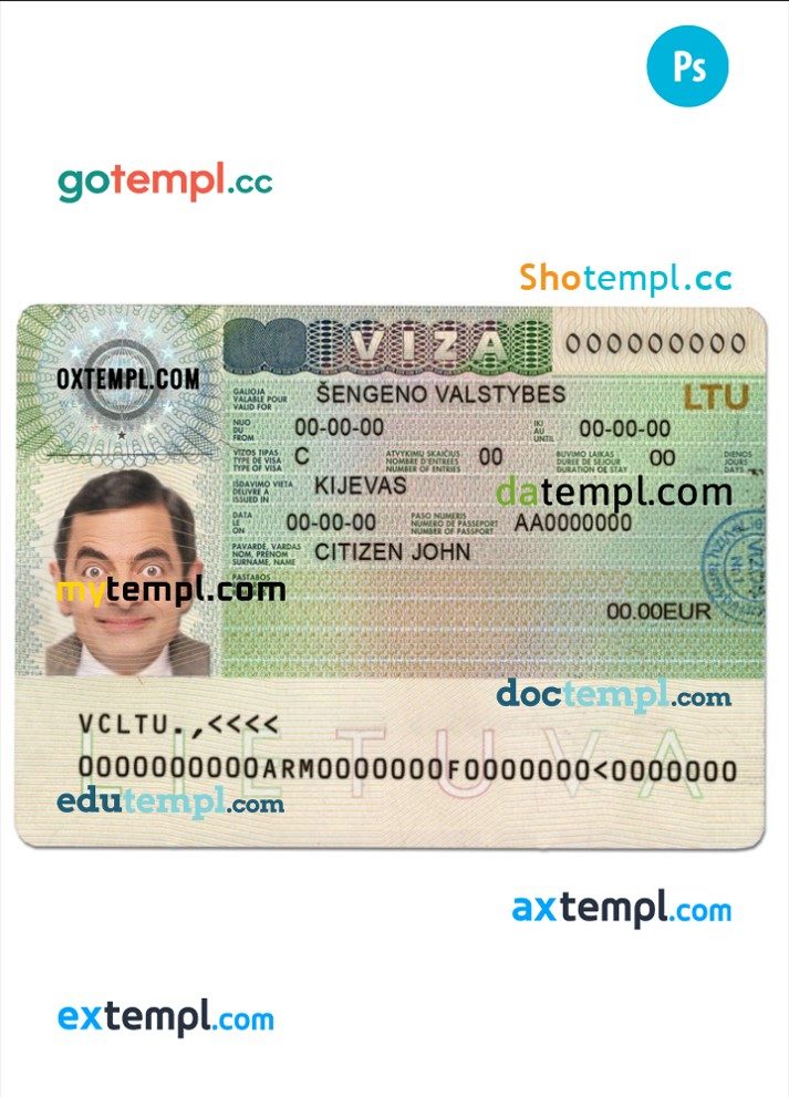 Lithuanian (Litva) Schengen visa example in PSD format, fully editable
