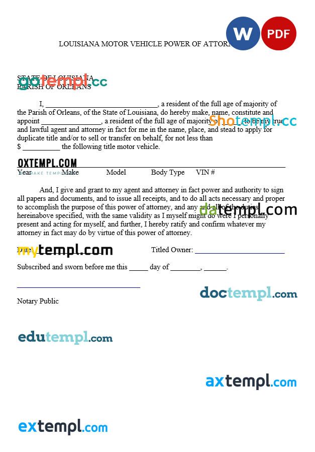 Louisiana Motor Vehicle Power of Attorney Form example, fully editable