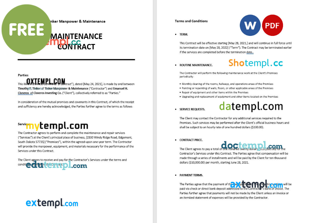 free download Maintenance contract example, Word and PDF format