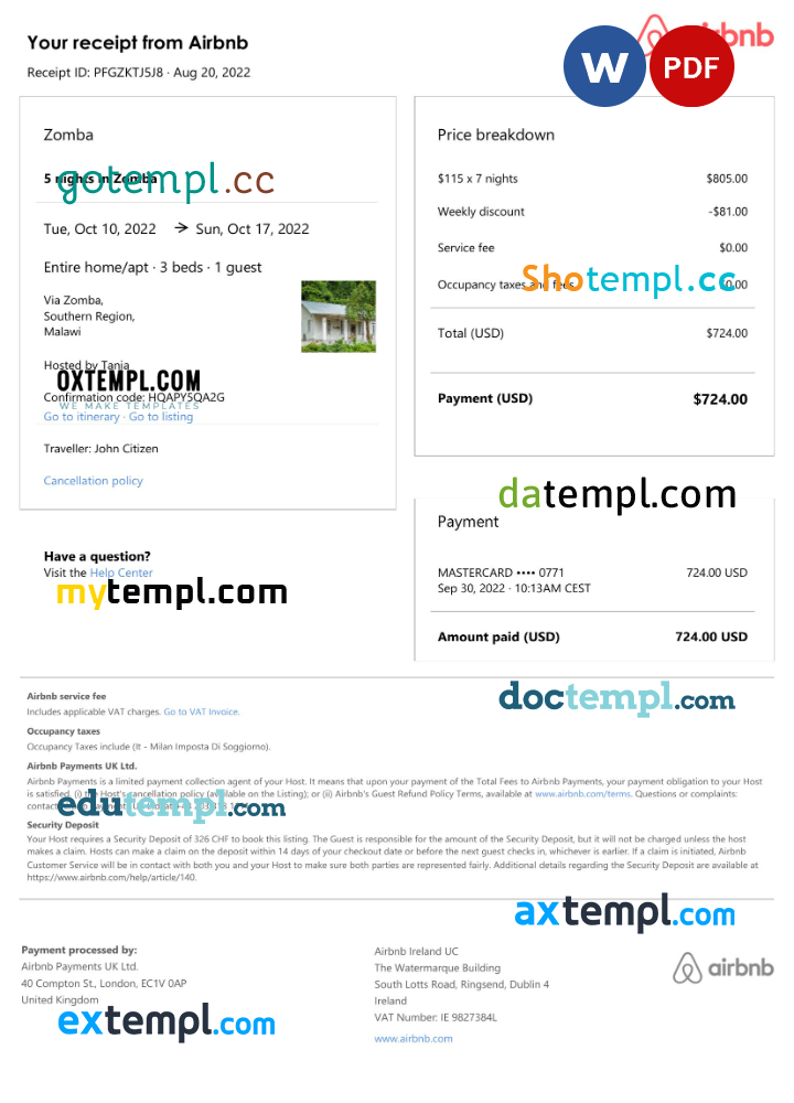 Malawian Airbnb booking confirmation Word and PDF example