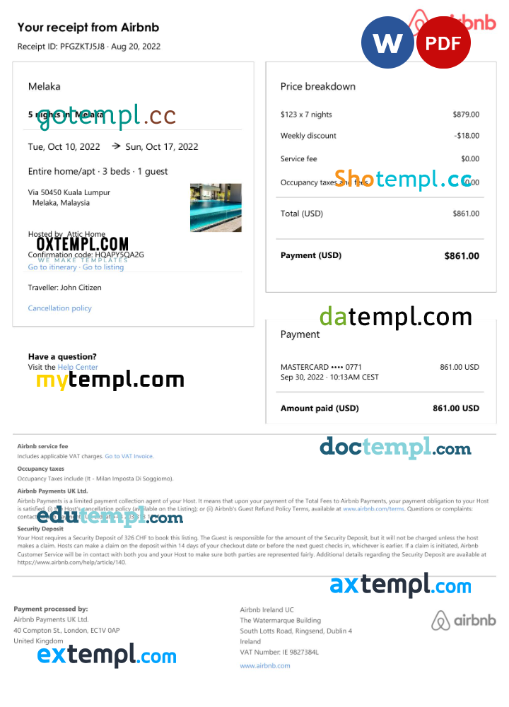 Malaysian Airbnb booking confirmation Word and PDF example