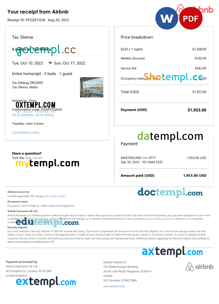 Maltese Airbnb booking confirmation Word and PDF example