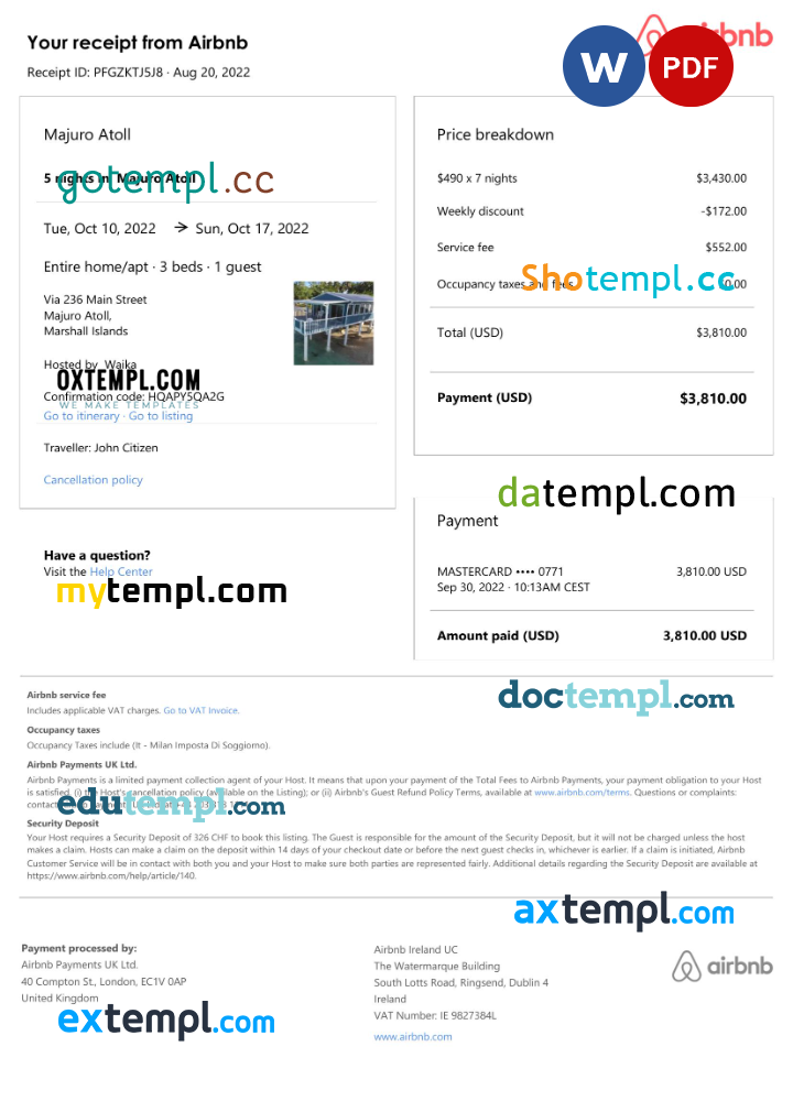 Marshallese Airbnb booking confirmation Word and PDF example