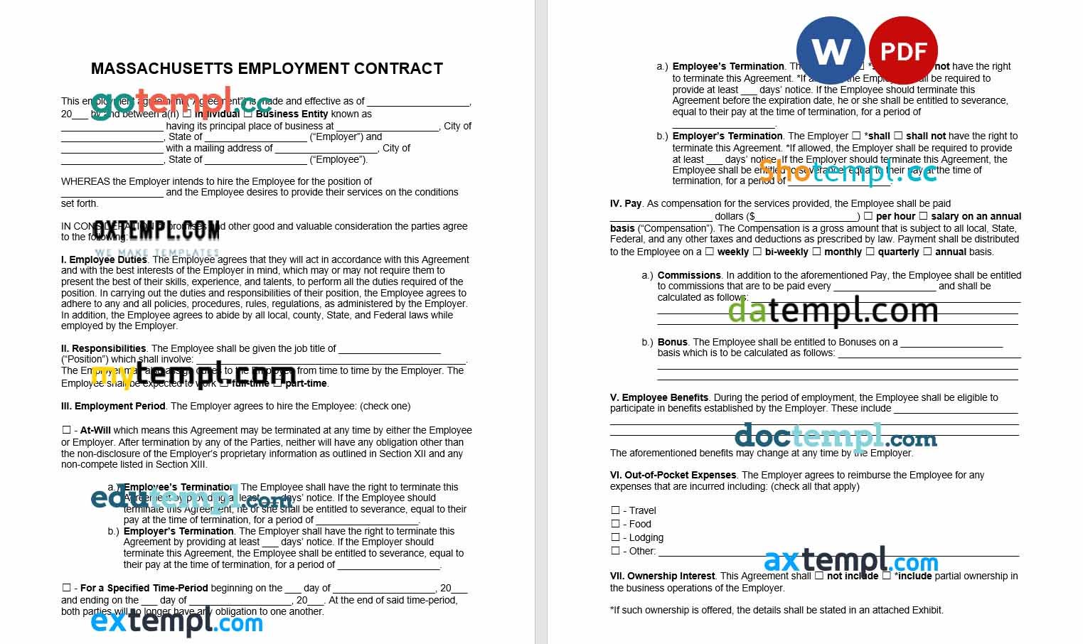 free download Massachusetts employment contract example, Word and PDF format