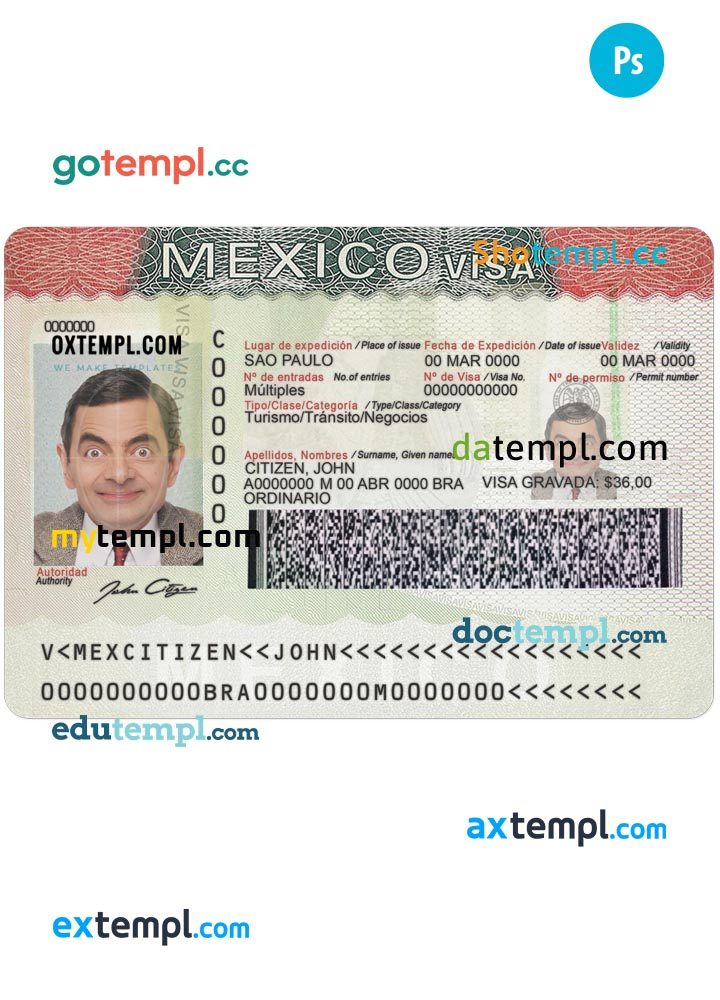 Mexican tourist visa PSD example, completely editable, with fonts