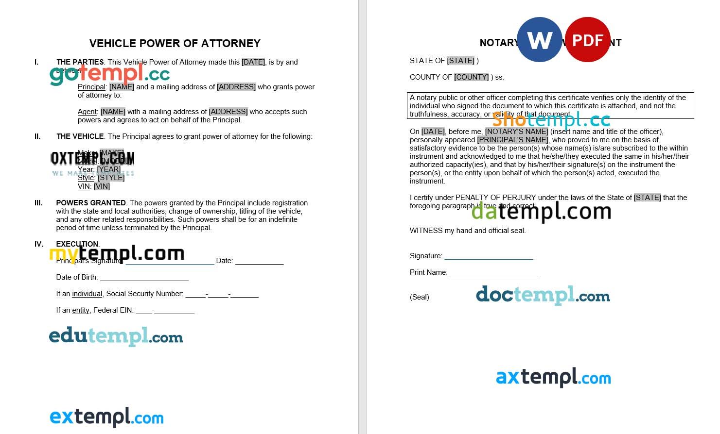 Motor Vehicle Power of Attorney Form example, fully editable