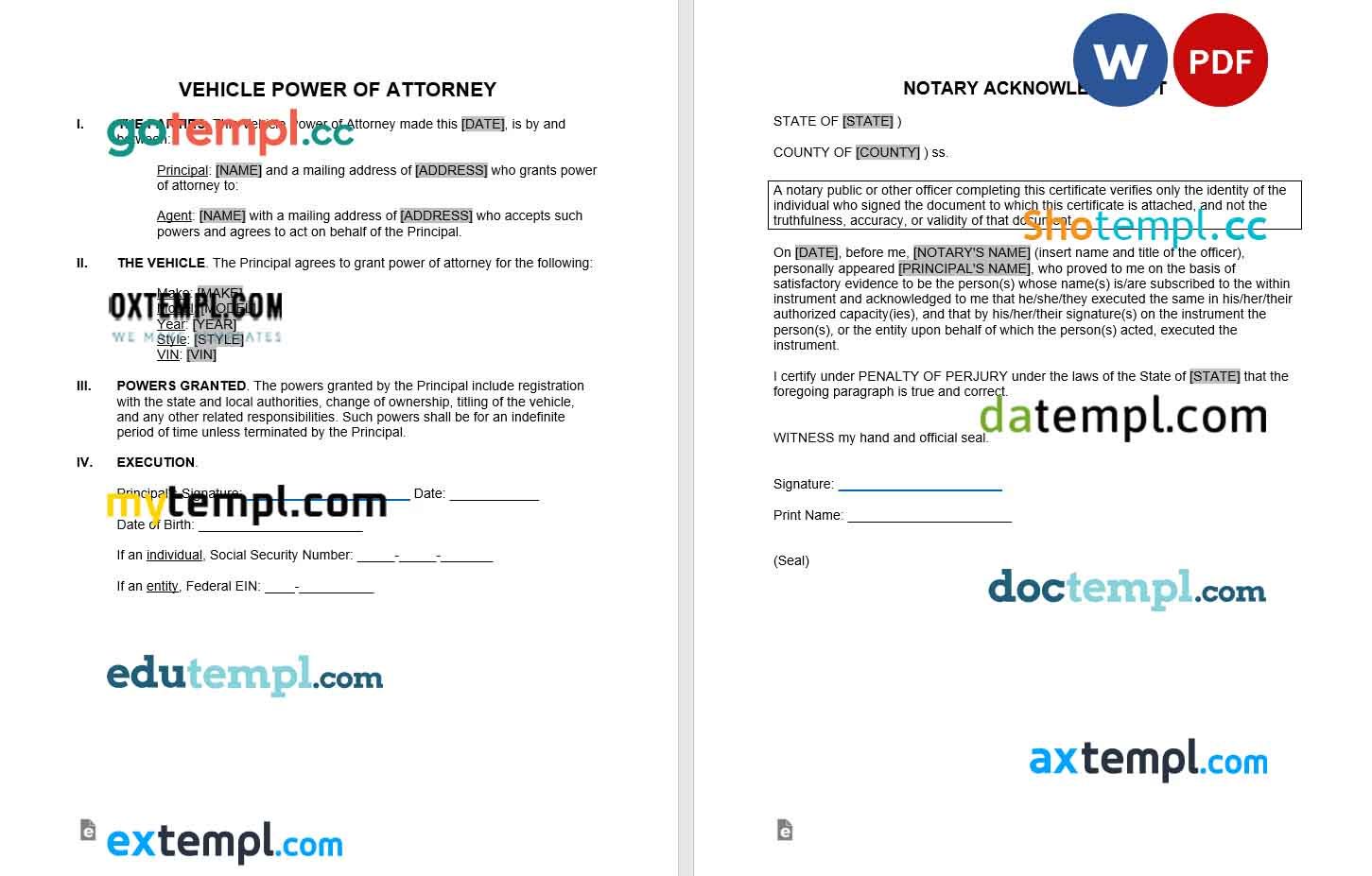 free download motor vehicle power of attorney example, Word and PDF format